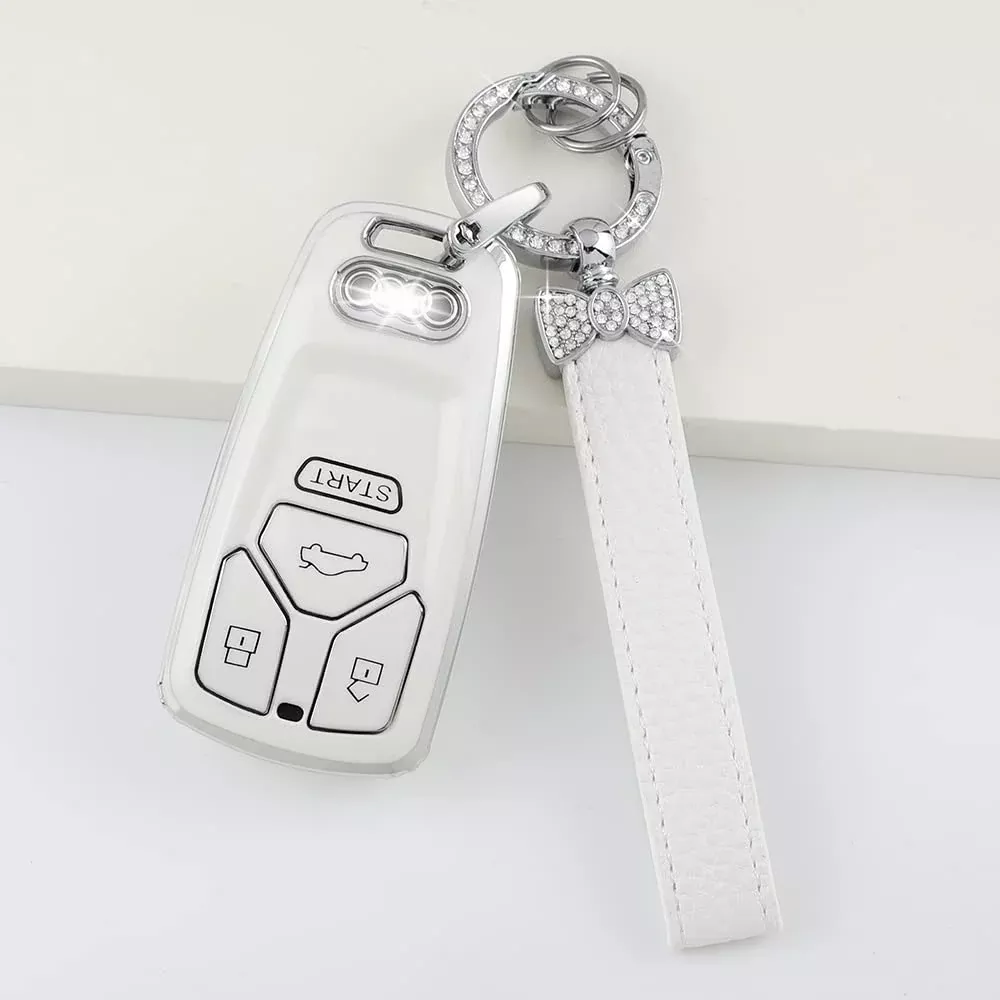 1797 Key Fob Cover For Audi Q5 Q7 A4 A5 S4 S5 Tt Accessories Bling Car Key Chain Case Shell Protector Women Men White Silver Tpu