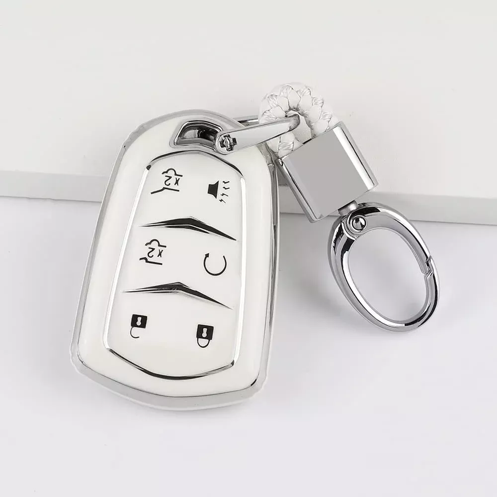 1797 Key Fob Cover For Cadillac Escalade 2015 – 2020 Accessories Car Remote Key Chain Case Shell Protector 6 Button White Silver Tpu