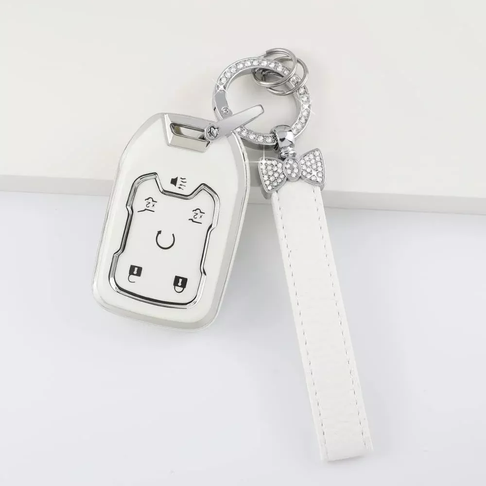 1797 Key Fob Cover for Chevy Tahoe Suburban GMC Yukon – TPU Bling Case, 6 Button, White/Silver, Type C