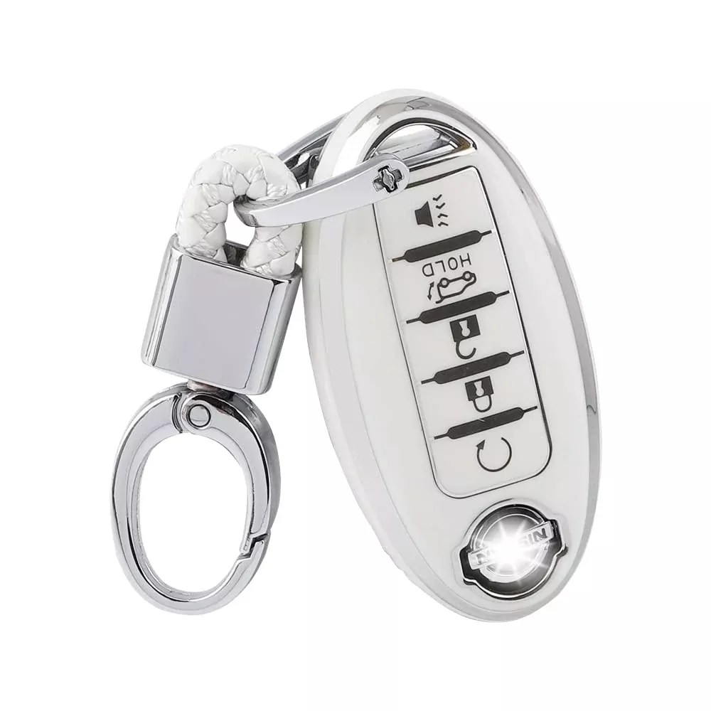 1797 For Nissan Key Fob Cover Accessories Altima Rogue Sentra Pathfinder Maxima Titan Murano Car Remote Key Chain Case Shell Protector Girly Cute 5 Button White Silver Tpu