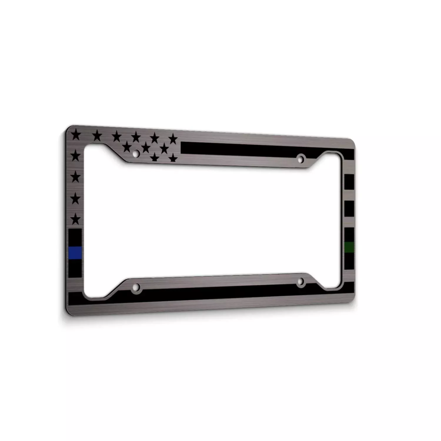 American Flag License Plate Frame – Thin Blue Line Thin Green Line- Car Tag Frame -Blue Green On Brushed Police Miltary Border Patrol Park Ranger Game Warden