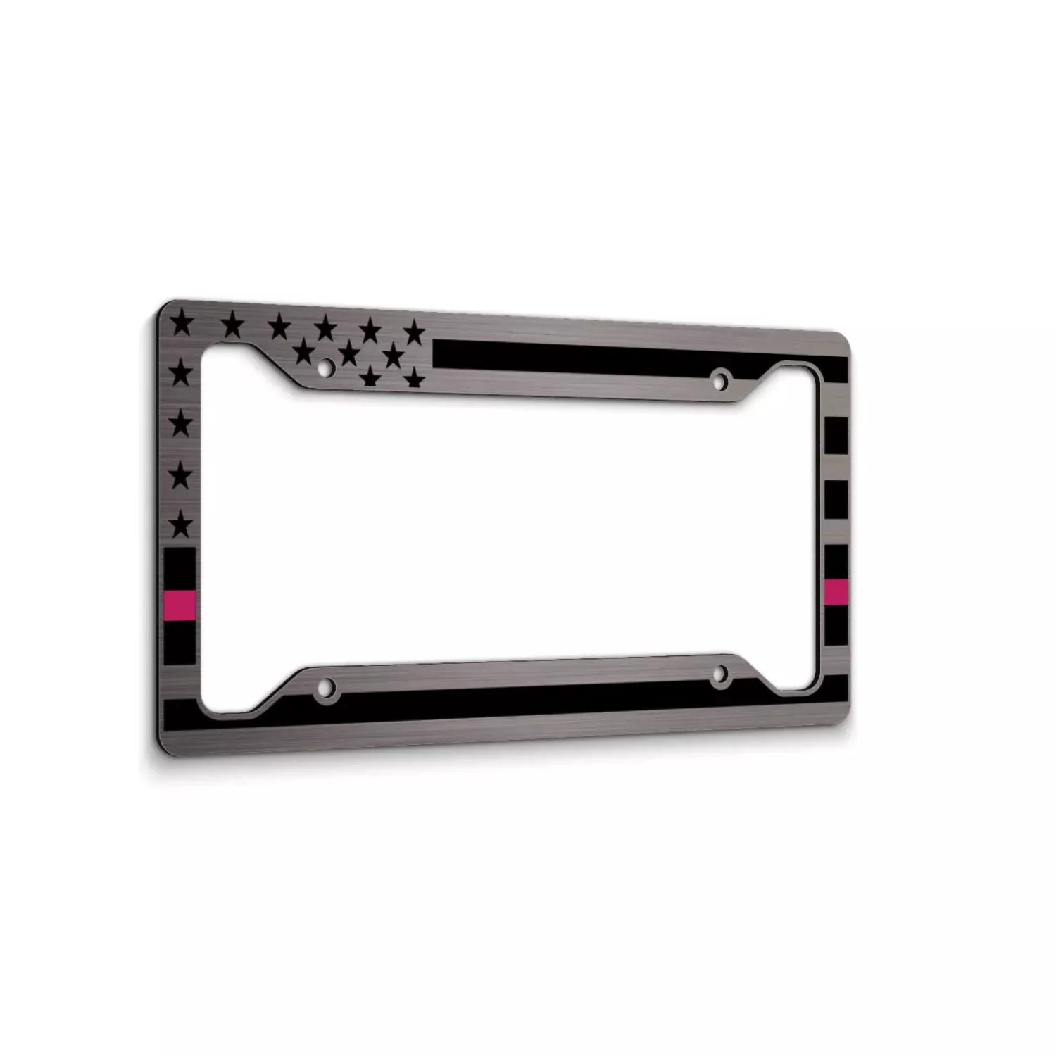 American Flag License Plate Frame – Thin Pink Line- Car Tag Frame -Pink On Brushed Breast Cancer Awareness