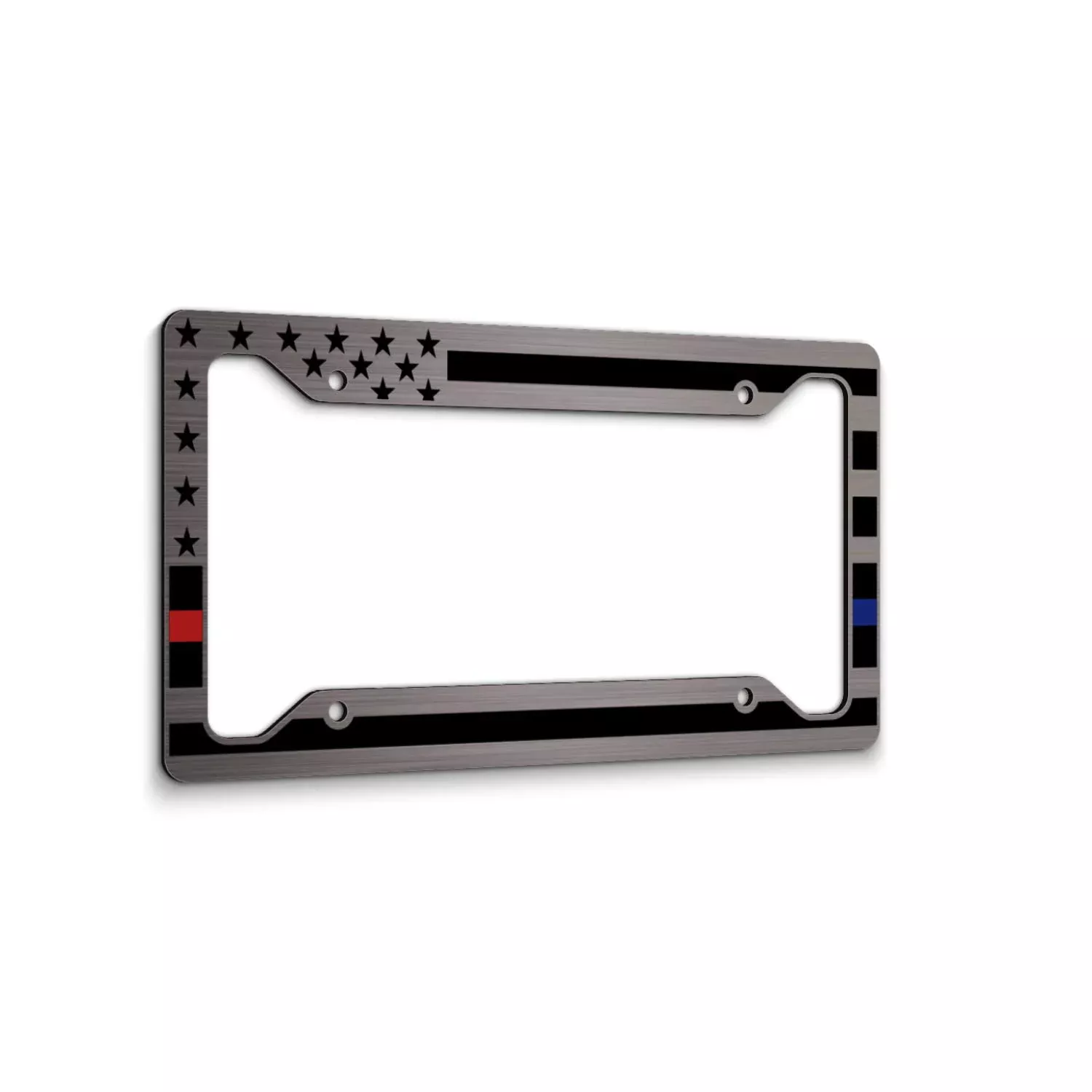 American Flag License Plate Frame – Thin Red Line Thin Blue Line- Car Tag Frame -Red Blue On Brushed Police Firefighter