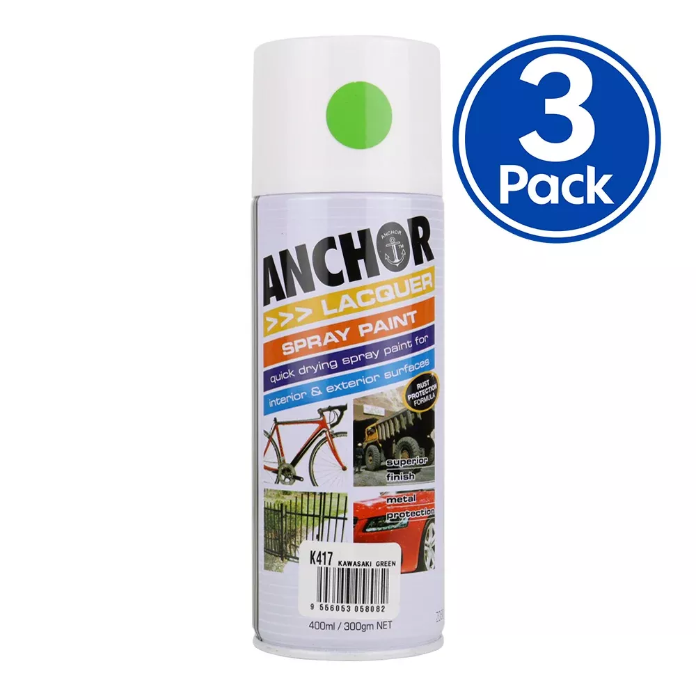 ANCHOR Lacquer Spray Paint Kawasaki Green 300gm Aerosol Quick Drying x 3 Pack