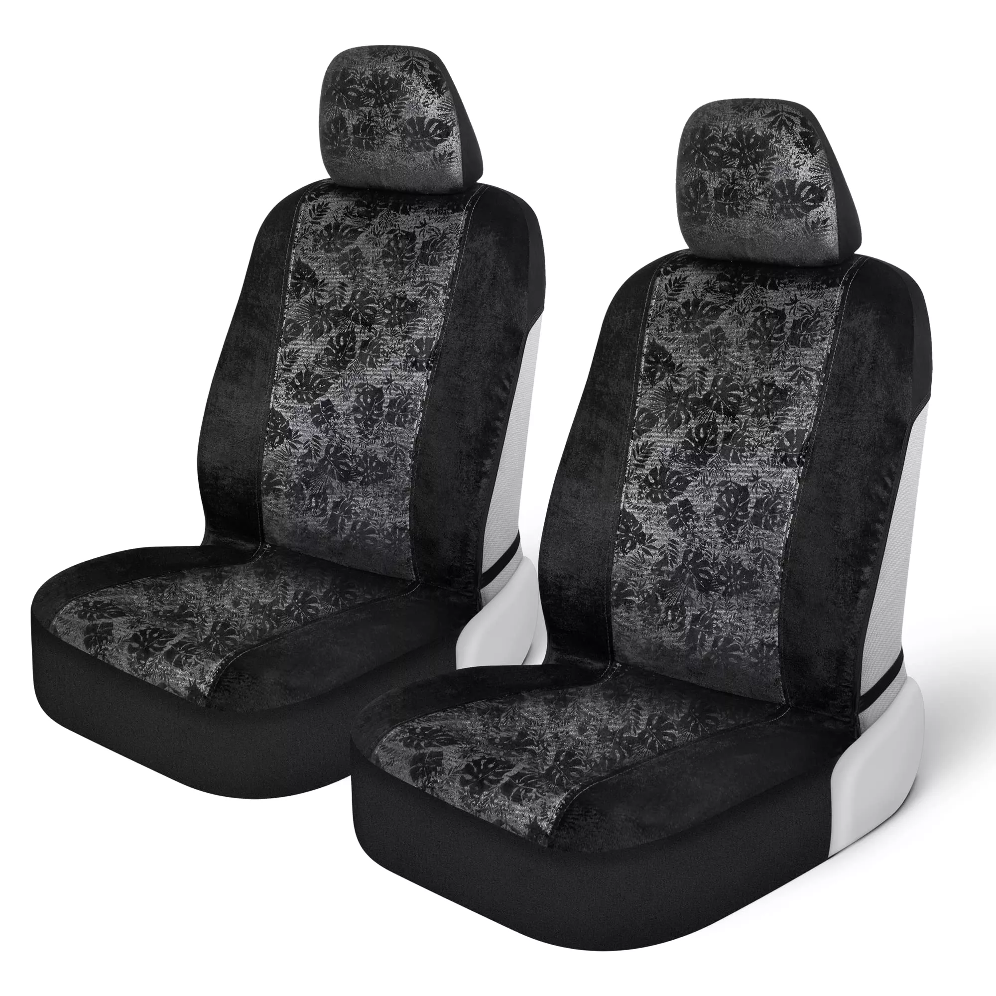 Bdk Black Maui Car Seat Covers For Front Seats, 2 Pack – Tropical Pattern Front Seat Cover Set With Matching Headrest, Sideless Design For Easy Installation, Fits Most Car Truck Van And Suv
