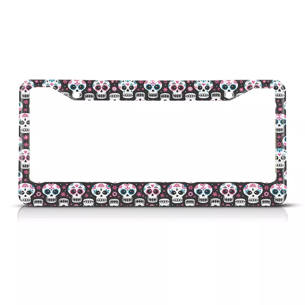 Beabes Flower Skull License Plate Frame Pink Flowers License Plate Holder Cute Funny Skulls Car Tag Frame License Plate Cover Car Accessories 2 Holes Novelty Auto Car Tag Vanity Gift