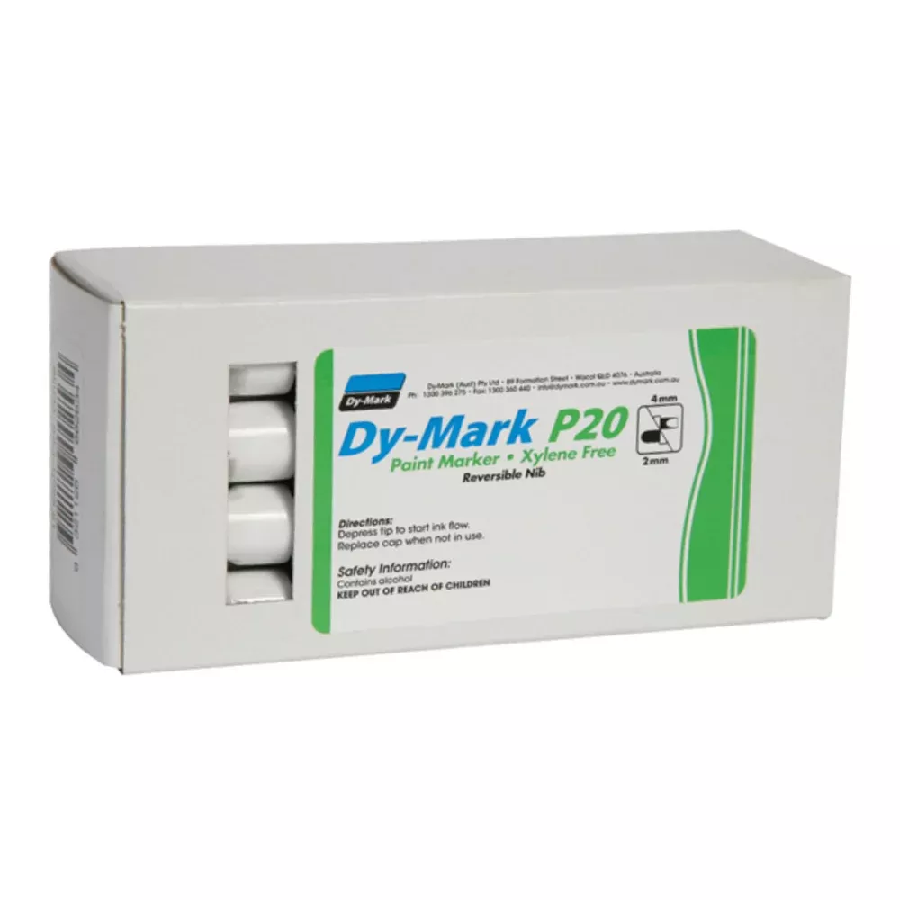 DY-MARK Paint Marker P20 White Reversible Bullet Chisel Nib 3mm & 5mm x 12 Box