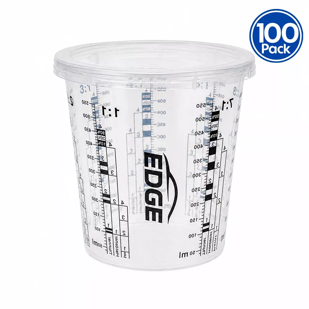EDGE Paint Mixing Cup With Lid 385ml Graduated 300ml Measuring Container 100 Pack