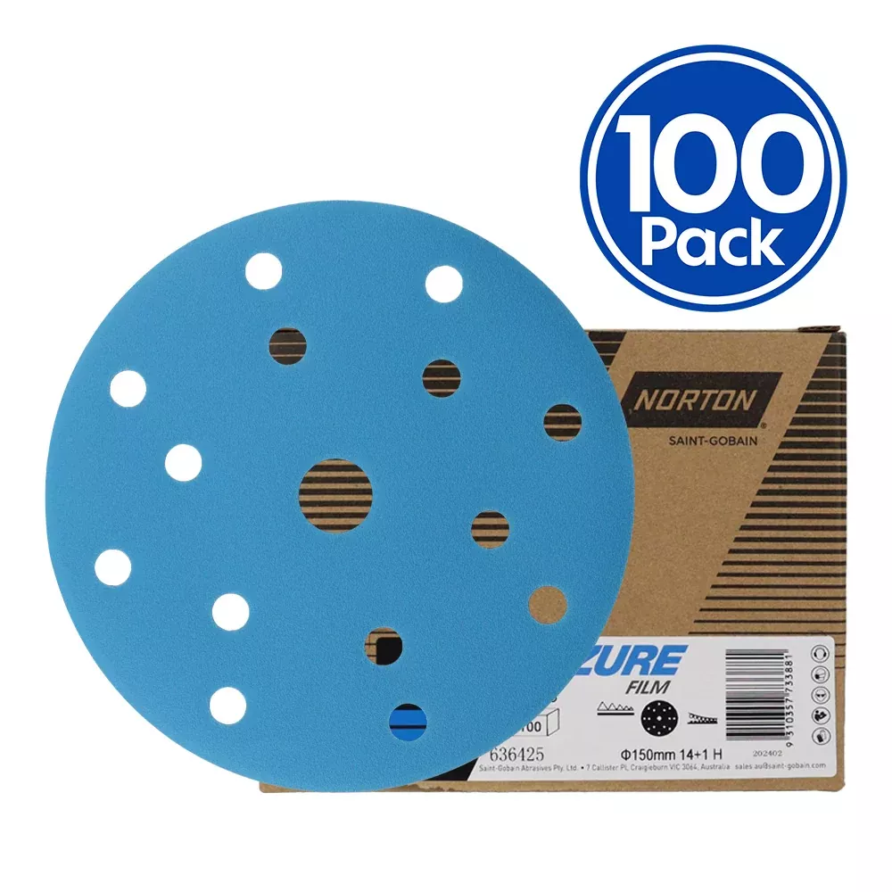 NORTON Azure Q216 Sandpaper Discs Hook & Loop 15H 150mm 80 – 1500 Grit x 100 Box