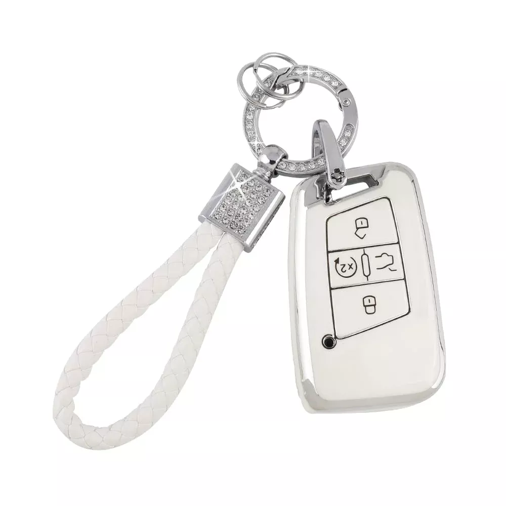 Pifoog Key Fob Cover For Vw Soft Tpu 4 Button Keys Case Shell Protector Glitter Keychain Car Accessories For Volkswagen Jetta Tiguan Atlas Arteon Taos Girly Cute White Gold