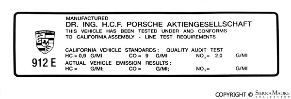 Porsche California Emission Sticker – 912E 1976912-006-102-00