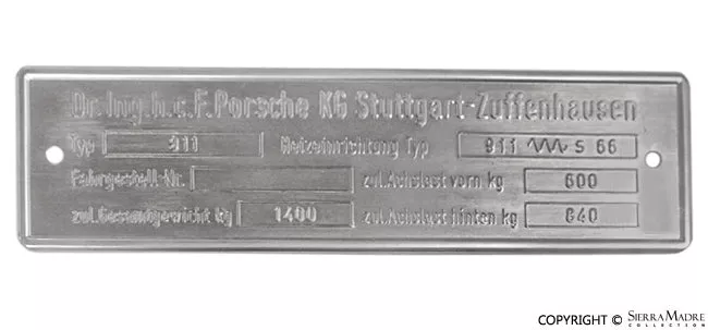 Porsche Chassis ID Plate - 2.0 911 65-69911-723-009-19