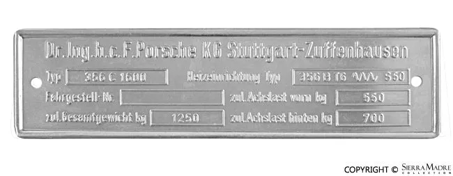 Porsche Chassis ID Plate – 356C Reutter000-723-009-06