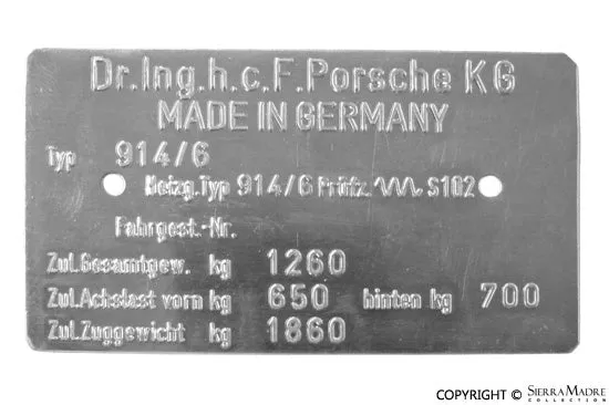 Porsche Chassis ID Plate – 914/6914-701-101-00