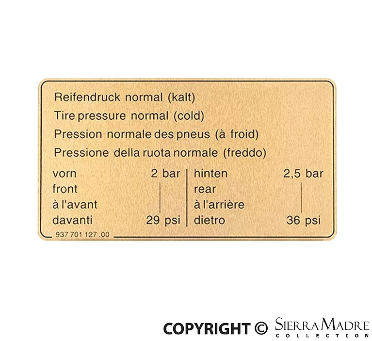 Porsche Tire Pressure Decal – 924/944 84-89937-701-127-00
