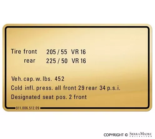 Porsche Tire Pressure Decal – 930 75-77911-006-512-09