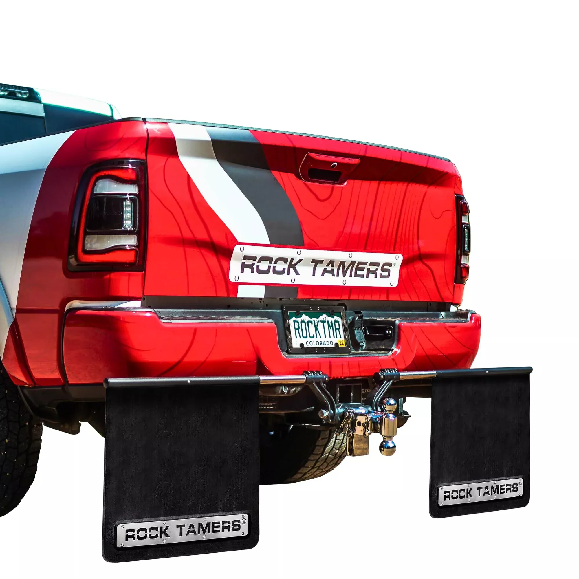 Rock Tamers Hitch Mounted Mud Flap System – 2.5″ Receiver, Matte Black/Stainless Steel, Model 00110, Adjustable & Removable