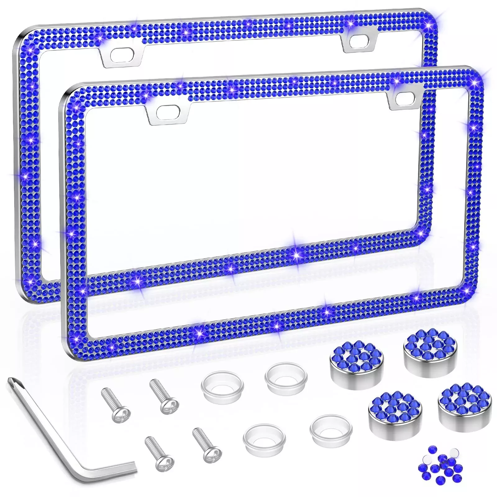 Share&Care Bling License Plate Frame, Crystal License Plate Cover, Car License Plate Holder With Rhinestone Crystal Diamond Screw Set – 2 Pack (Sapphire)