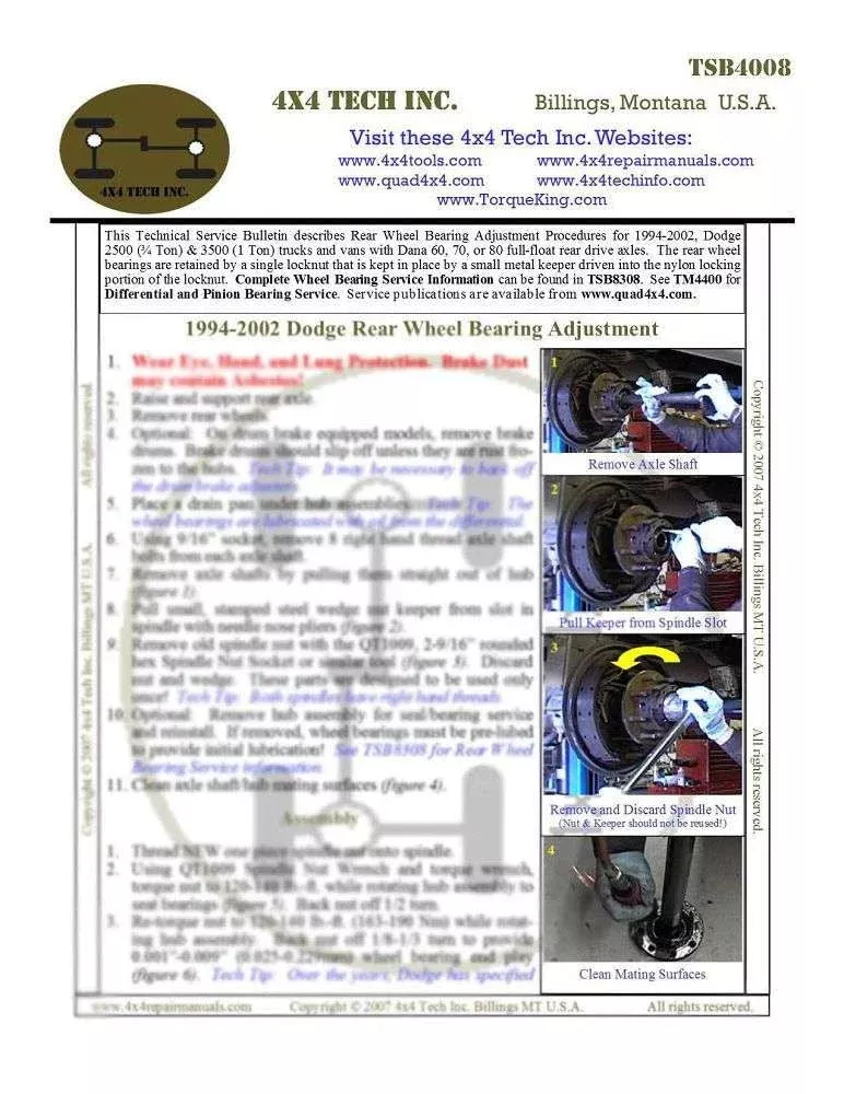 TSB4008 Rear Wheel Bearing Adjustment on 1994-2002 Dodge Ram 2500, Ram 3500 Trucks